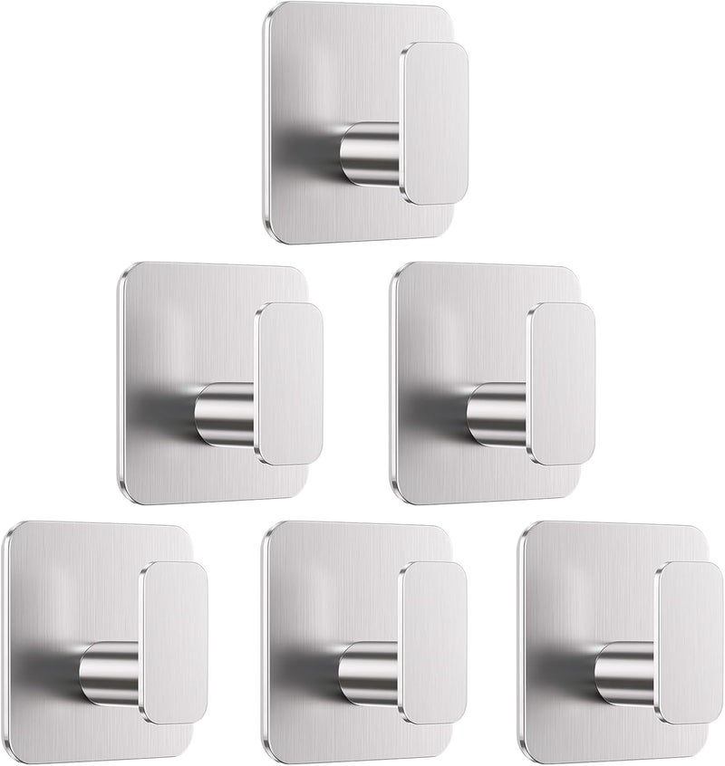 Aikzik Silver Hooks for Hanging Heavy Duty, Adhesive Hooks for Shower, Bathroom, Kitchen, Robe, Towel, Coat, Waterproof & Rustproof Hook for Walls No Damage, Sticky Wall Towel Hooks - 6 Pack - Image 1